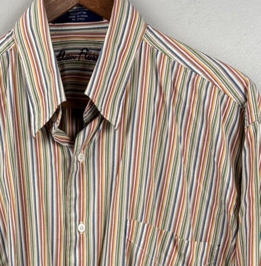 Alan Flusser Men's Size Large Multicolor Stripe Cotton Long Sleeve Button Dress